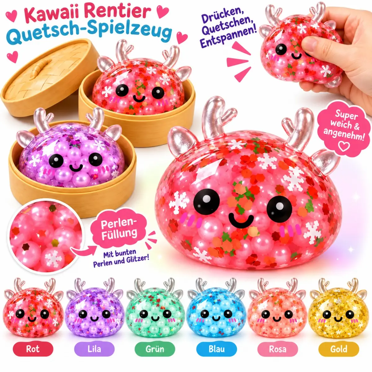 HHC Squishy Mystery Dumpling Glitzer Rentier Perlen 5cm