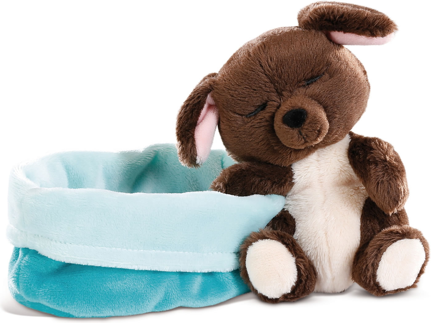 Nici Kuscheltier Hunde Welpen braun 12cm schlafend im Körbchen blau