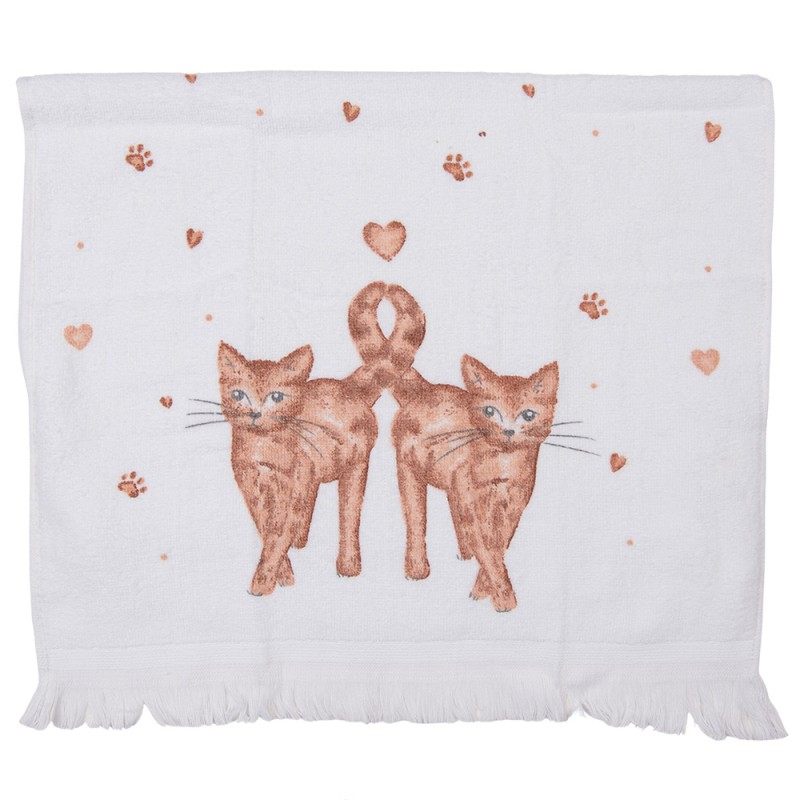 Clayre & Eef Gästehandtuch 40x66 cm Weiß Braun Baumwolle Katzen Toiletten Handtuch