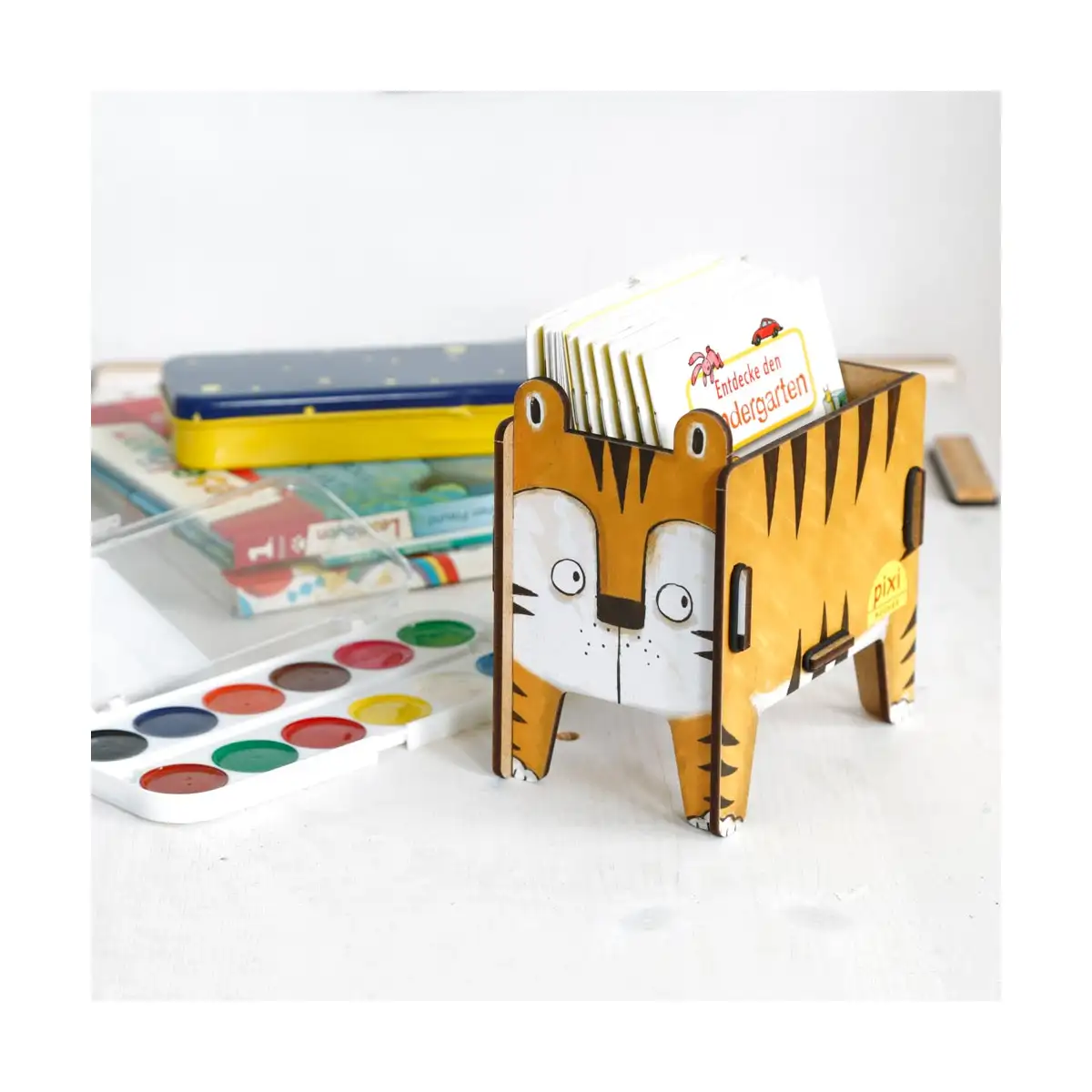 Werkhaus Pixi-Tiger – stabile Aufbewahrungsbox für Kinderbücher im Tier-Design aus Holz, Pixi-Buchhalter für über 20 Minibücher