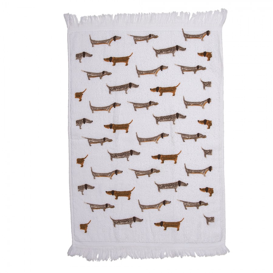 Clayre & Eef Gästehandtuch 40x66 cm Weiß Braun Baumwolle Dackel Toiletten Handtuch