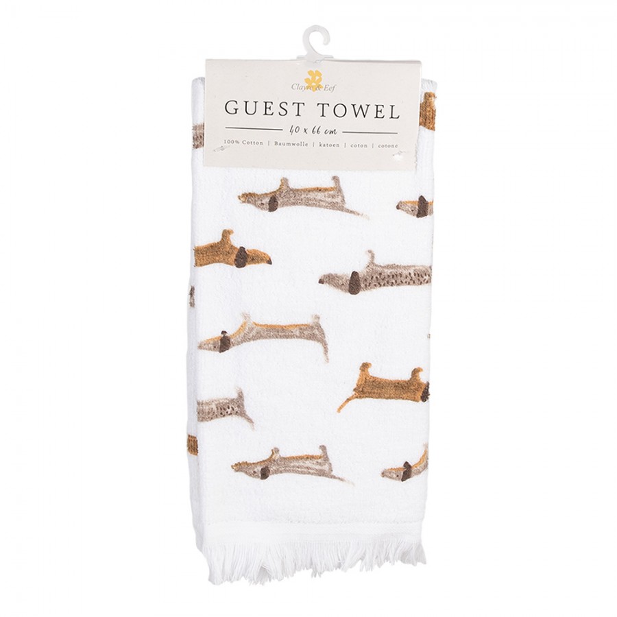 Clayre & Eef Gästehandtuch 40x66 cm Weiß Braun Baumwolle Dackel Toiletten Handtuch