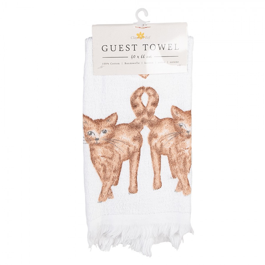 Clayre & Eef Gästehandtuch 40x66 cm Weiß Braun Baumwolle Katzen Toiletten Handtuch