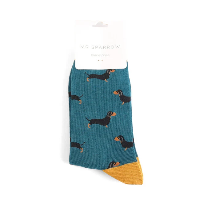 Miss Sparrow Bamboo Socken für Erwachsene - Dackel Muster  in Petrol Blau - One Size (40-45) 
