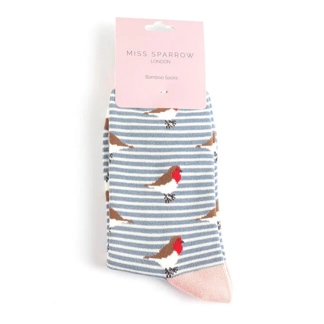 Miss Sparrow Bamboo Socken für Erwachsene - Blau Weiss Gestreift - Vogel Muster -  One Size (37-41)  