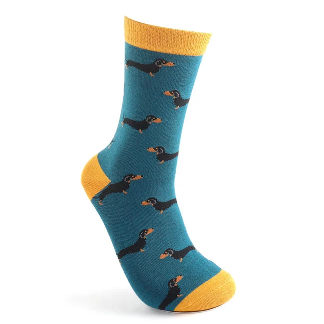 Miss Sparrow Bamboo Socken für Erwachsene - Dackel Muster  in Petrol Blau - One Size (40-45) 