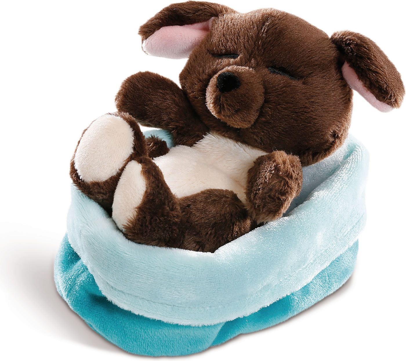 Nici Kuscheltier Hunde Welpen braun 12cm schlafend im Körbchen blau
