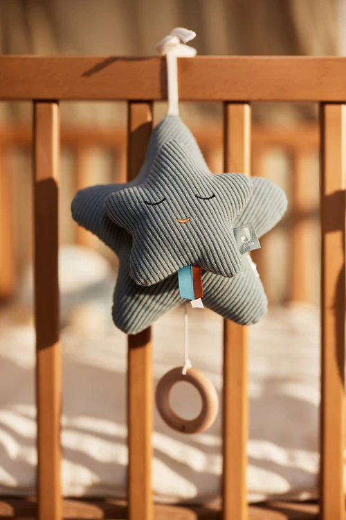 Jollein Spieluhr Star Sea Green – Beruhigende Musikspieluhr mit Schuberts Wiegenlied, Doppelte Sterne mit Stickerei & bunten Kordeln, Weiches Babyspielzeug zum Aufhängen an Bett oder Laufstall