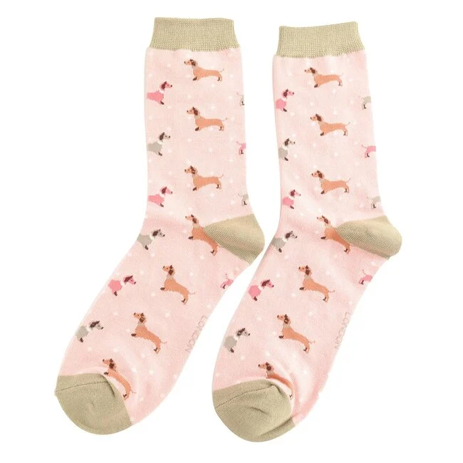 Miss Sparrow Bamboo Socken für Erwachsene - Dackel Muster in Rosa - One Size (37-41)