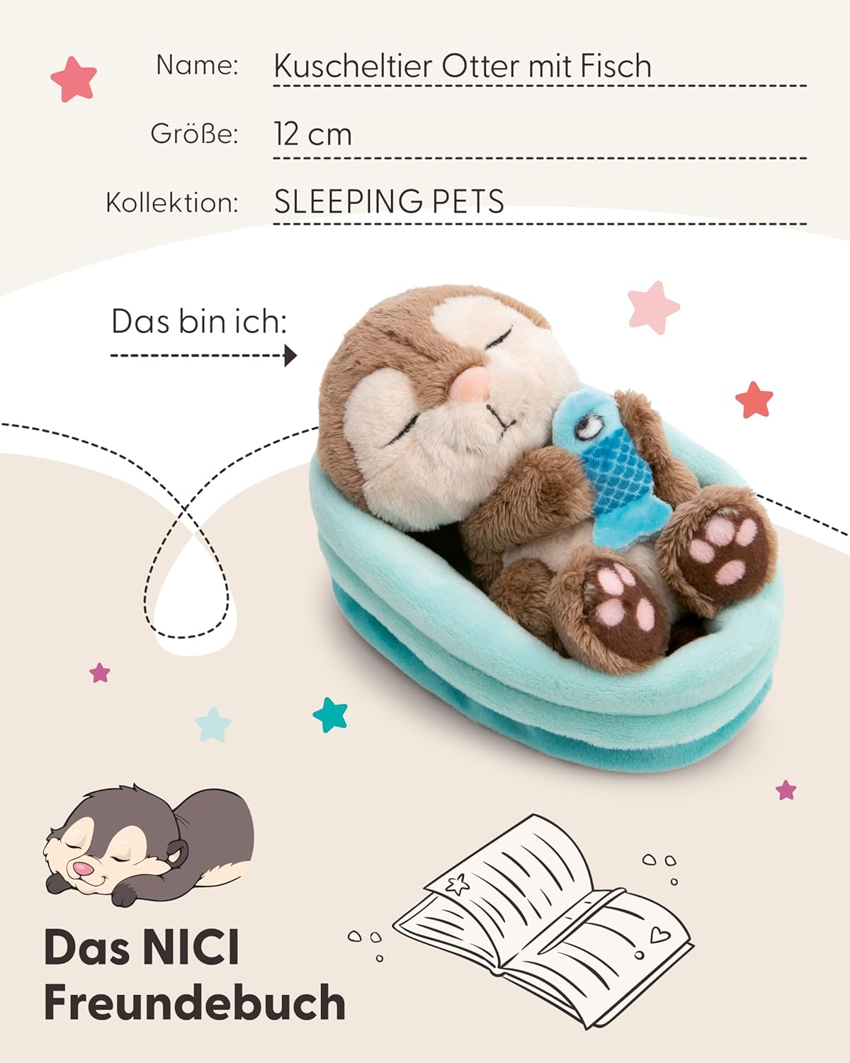 Nici Kuscheltier Otter mit Fisch 12cm schlafend im Körbchen - grau 
