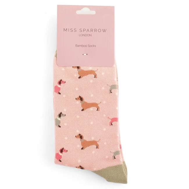 Miss Sparrow Bamboo Socken für Erwachsene - Dackel Muster in Rosa - One Size (37-41)