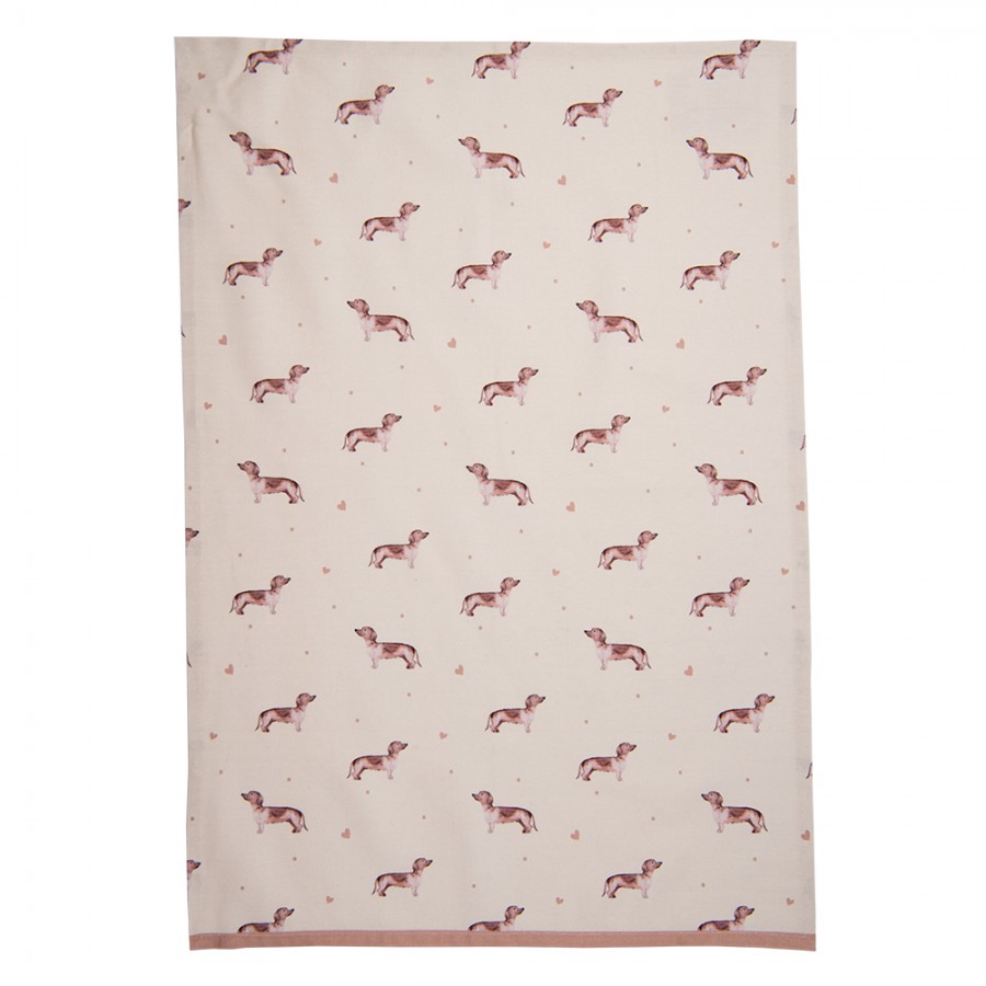 Clayre & Eef Geschirrtuch 50x70 cm Beige Baumwolle Dackel Küchentuch