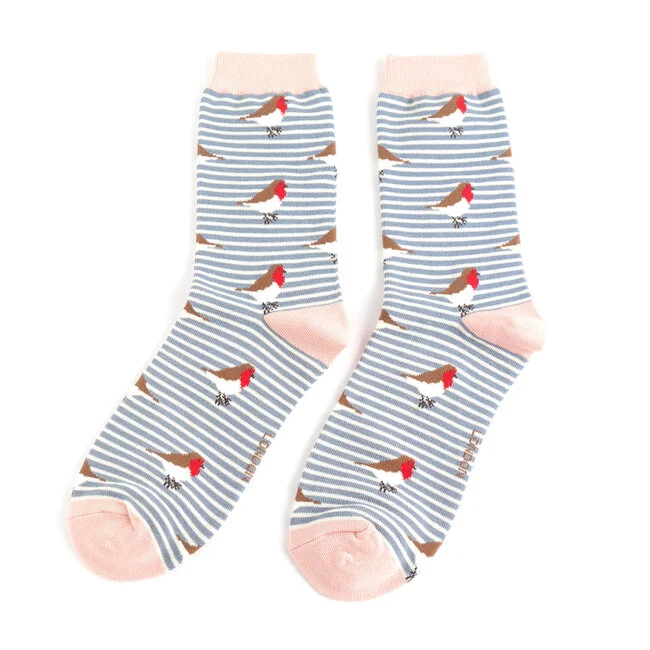 Miss Sparrow Bamboo Socken für Erwachsene - Blau Weiss Gestreift - Vogel Muster -  One Size (37-41)  