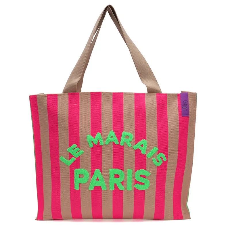 LOT83 Tasche Shopper Lara Creme Pink Streifen mit Schriftzug Paris