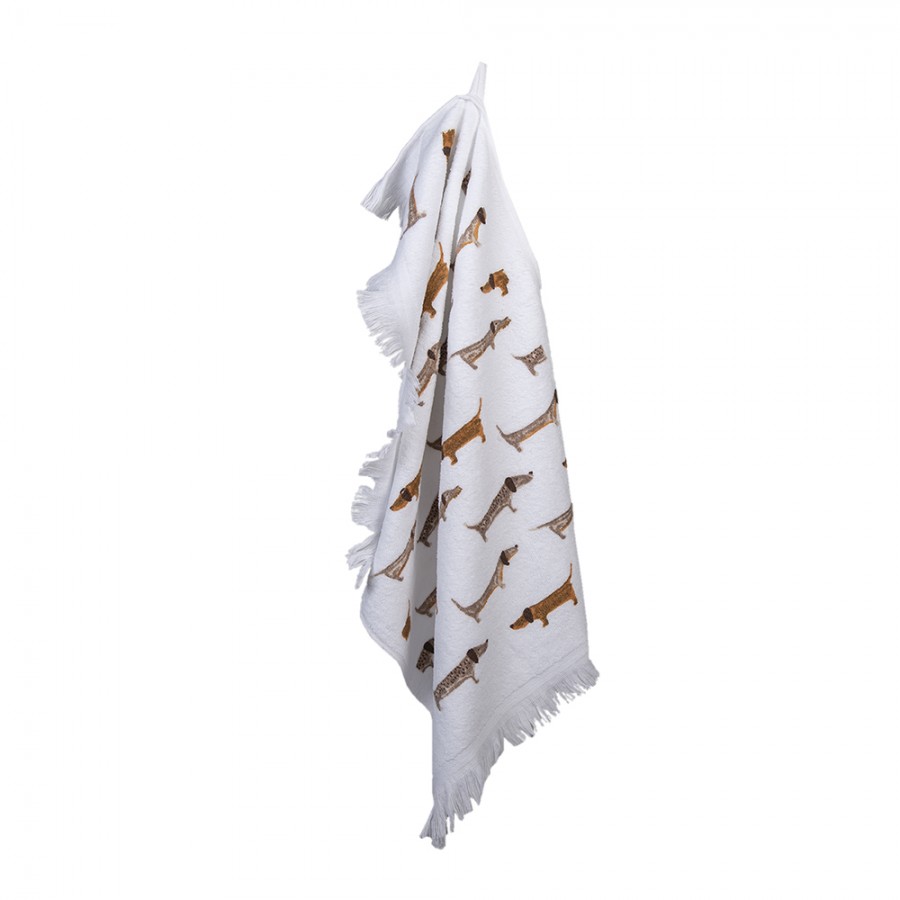 Clayre & Eef Gästehandtuch 40x66 cm Weiß Braun Baumwolle Dackel Toiletten Handtuch