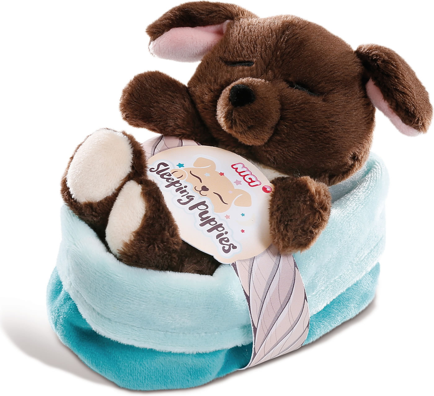 Nici Kuscheltier Hunde Welpen braun 12cm schlafend im Körbchen blau