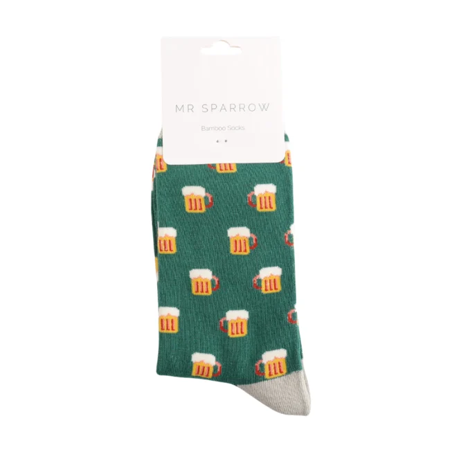Miss Sparrow Bamboo Socken für Erwachsene - Bierkrug Design in Grün - One Size (40-45)    
