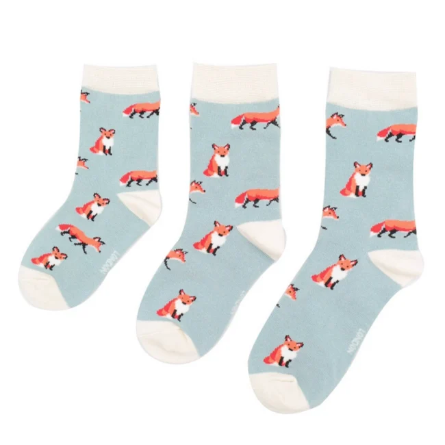 Miss Sparrow Bamboo Socken für Kinder Blau mit Fuchs Muster