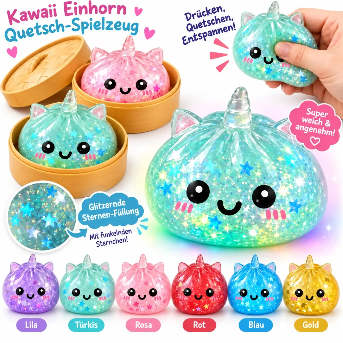 HHC Squishy Mystery Dumpling Glitzer Sterne Einhorn 5cm