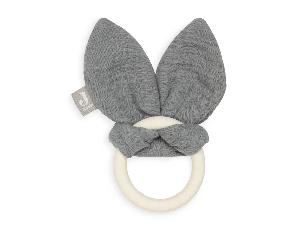 Jollein Silikon Beißring Bunny Ears Storm Grey – Zahnungshilfe für Babys mit knisternden Hasenohren – BPA-freier Greifring zur Beruhigung und spielerischen Förderung