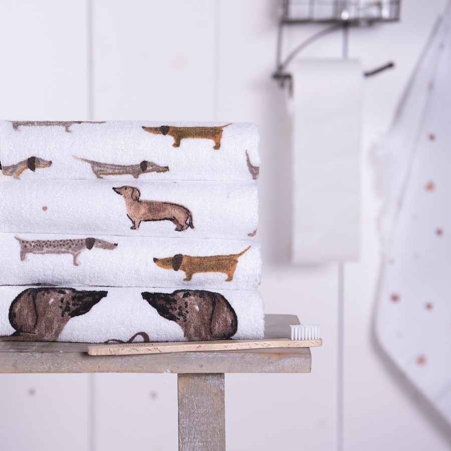 Clayre & Eef Gästehandtuch 40x66 cm Weiß Braun Baumwolle Dackel Toiletten Handtuch