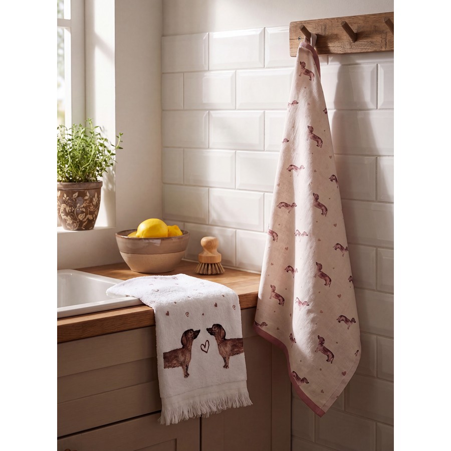 Clayre & Eef Geschirrtuch 50x70 cm Beige Baumwolle Dackel Küchentuch