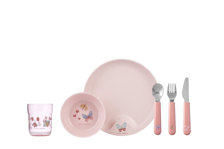 MEPAL Babygeschirr Set 6-teilig Flowers & Butterflies – Komplettes Kindergeschirr mit Besteck, Trinkglas, Teller & Schale – BPA-frei, Spülmaschinenfest & Perfekt als Geschenk zur Geburt oder Taufe