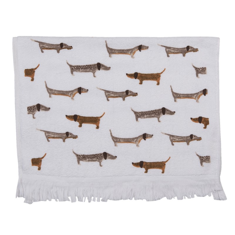 Clayre & Eef Gästehandtuch 40x66 cm Weiß Braun Baumwolle Dackel Toiletten Handtuch