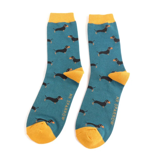 Miss Sparrow Bamboo Socken für Erwachsene - Dackel Muster  in Petrol Blau - One Size (40-45) 