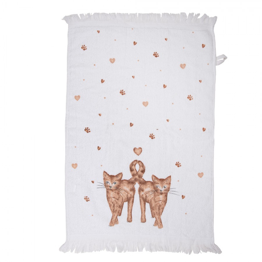 Clayre & Eef Gästehandtuch 40x66 cm Weiß Braun Baumwolle Katzen Toiletten Handtuch