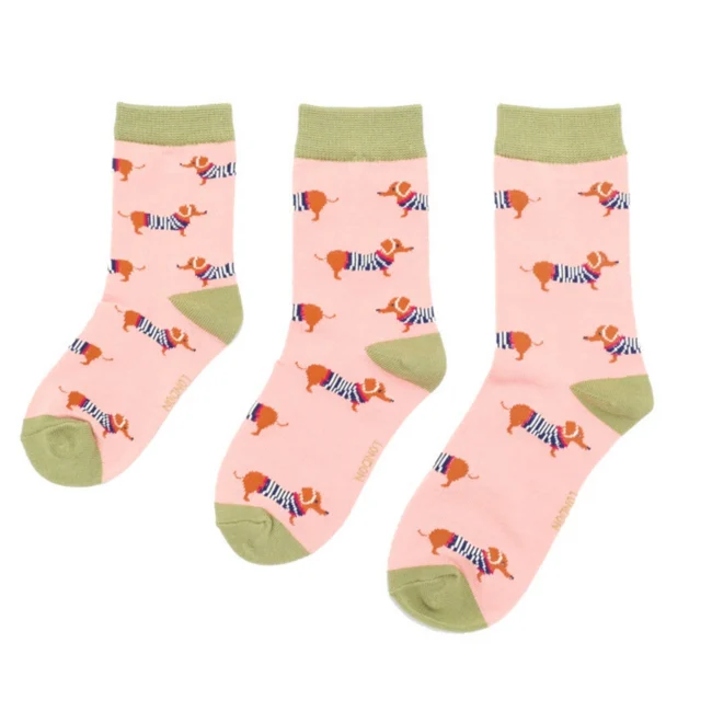 Miss Sparrow Bamboo Socken für Kinder Rosa mit Dackel Muster